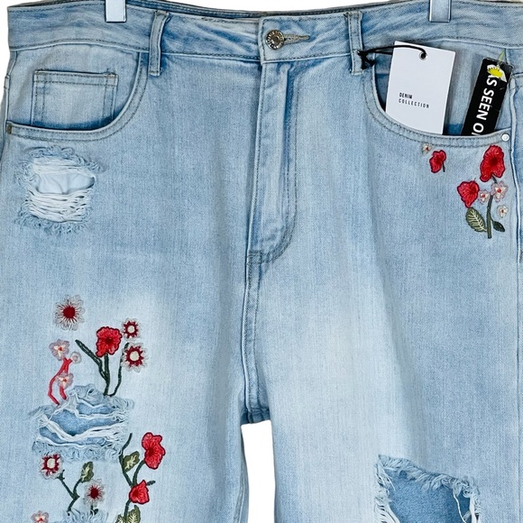 Forever 21 Los Angelos High Rise Straight Leg Embroidered Ripped Jeans Size 12 - Picture 4 of 16